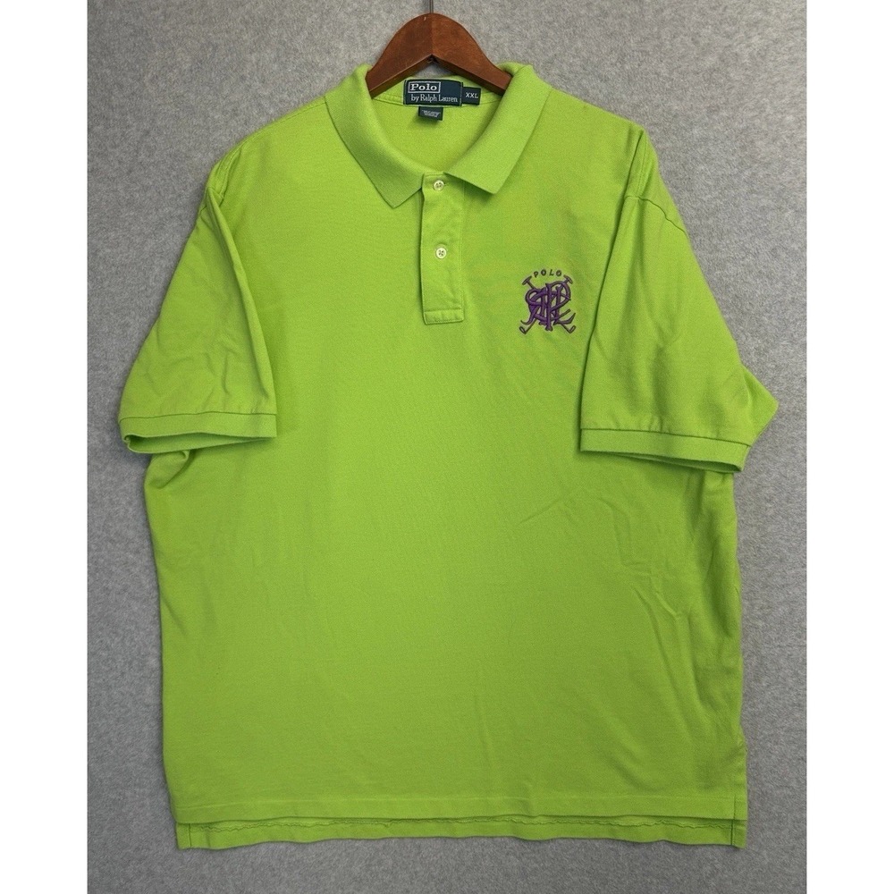 VTG Polo Ralph Lauren‎ XXL Green Polo Shirt Big Purple Crest Logo Cotton Classic